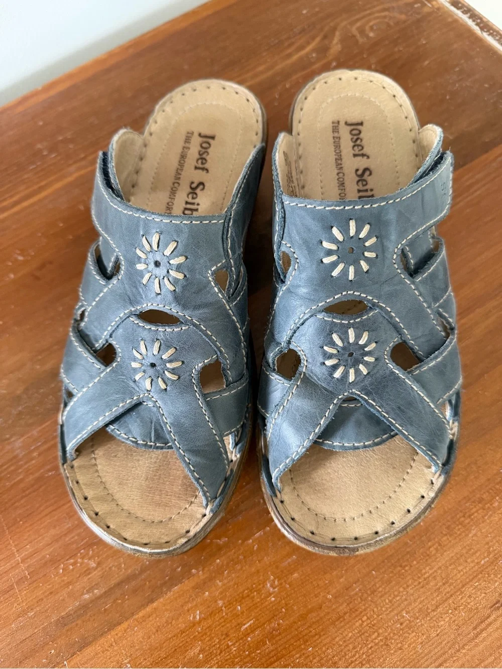 Josef Seibel Slate Blue Leather Cutout Sandals